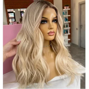 Golden hair with blonde highlights Loose Wave 100% remy human hair wig