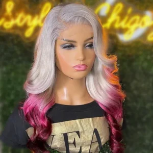 Ombre Platinum Grey Pink Body Wave 100% Remy Human Hair Wig