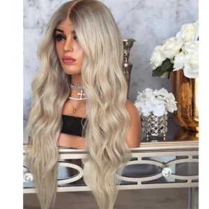 Ombre Platinum Blonde Long Body Wave Brazilian Virgin Human Hair Full Cuticle Lace Front Wig With Natural Hairline