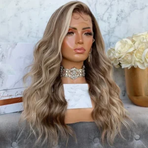 Luxurious Jewish Hair Water Wave Blonde Brown Highlight Color Cuticle Aligned Human Hair HD Lace Frontal Wigs