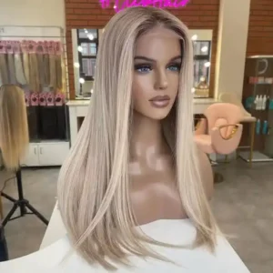 Silky Straight Full Virgin Human Hair Lace Front Wigs Full Hair Super Double Drawn Ash Blonde Highlight Color Natural Hairline