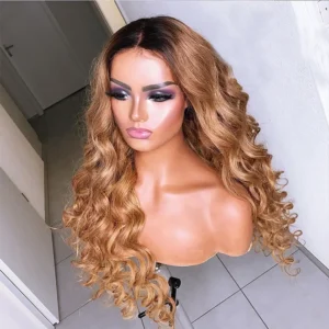 Glueless Honey Brown Color Black Root Part Loose Deep Wave Brazilian Virgin Human Hair Lace Front Wigs